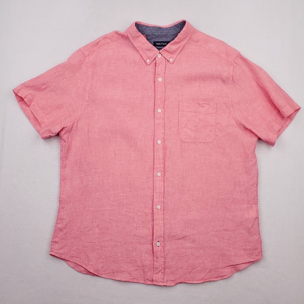 Nautica Shirt Mens XXL Red Linen Button Up Classic Short Sleeve Beach Hawaii